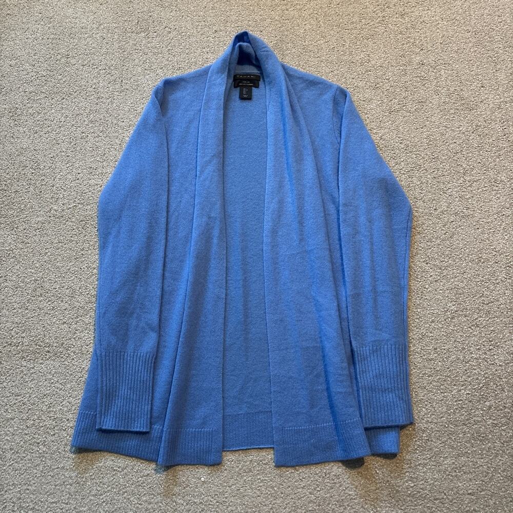 Tahari Pure Luxe Cashmere Cardigan Sz Large Light Blue Open Preppy Sweater